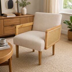 Rattan Lounge Armchair with Linen Fabric Cushioned Seat Backrest Rubberwood