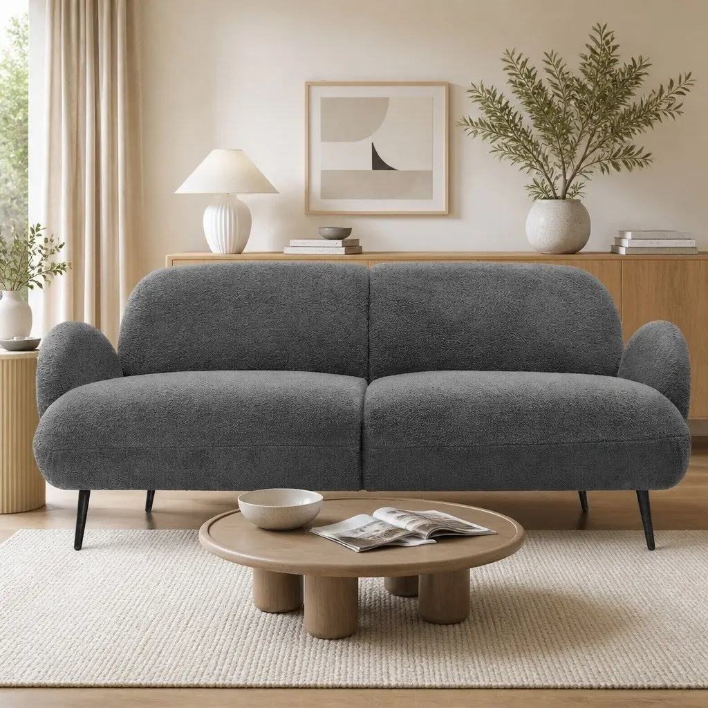 3SeaterLoungeCouchModernGreySherpaFleeceUpholsteredLivingRoomFurniture