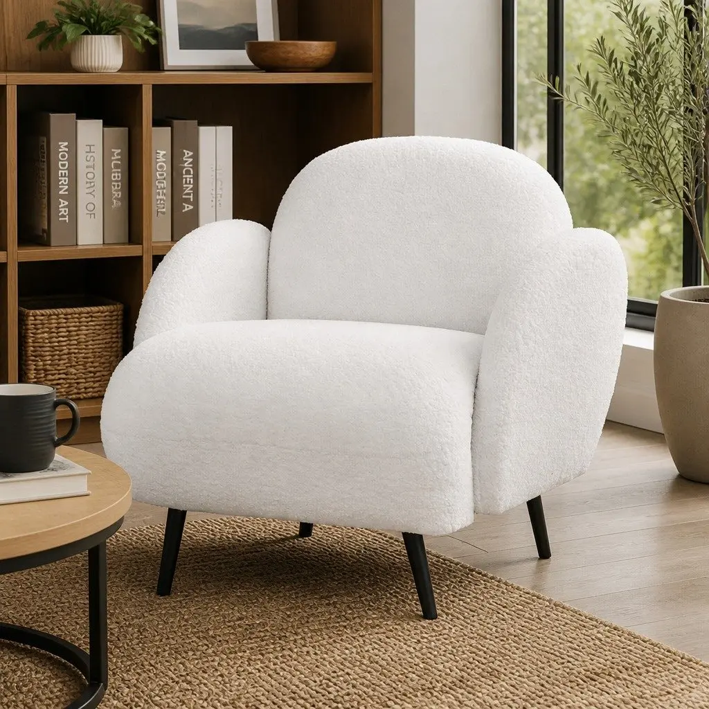 Single Sofa Chair Fleece Upholstered Armchair Lounge Seat White Relax Furniture