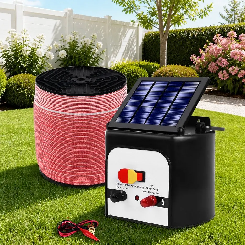 Solar Electric Fence Energiser 8km Monocrystalline Silicon Black and White with 2000m Polytape Red and White