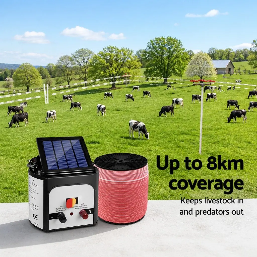 Solar Electric Fence Energiser 8km Monocrystalline Silicon Black and White with 2000m Polytape Red and White