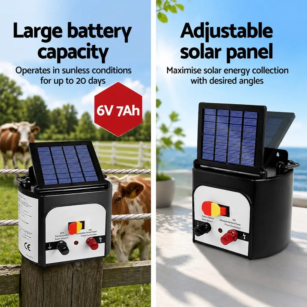 Solar Electric Fence Energiser 8km Monocrystalline Silicon Black and White with 2000m Polytape Red and White