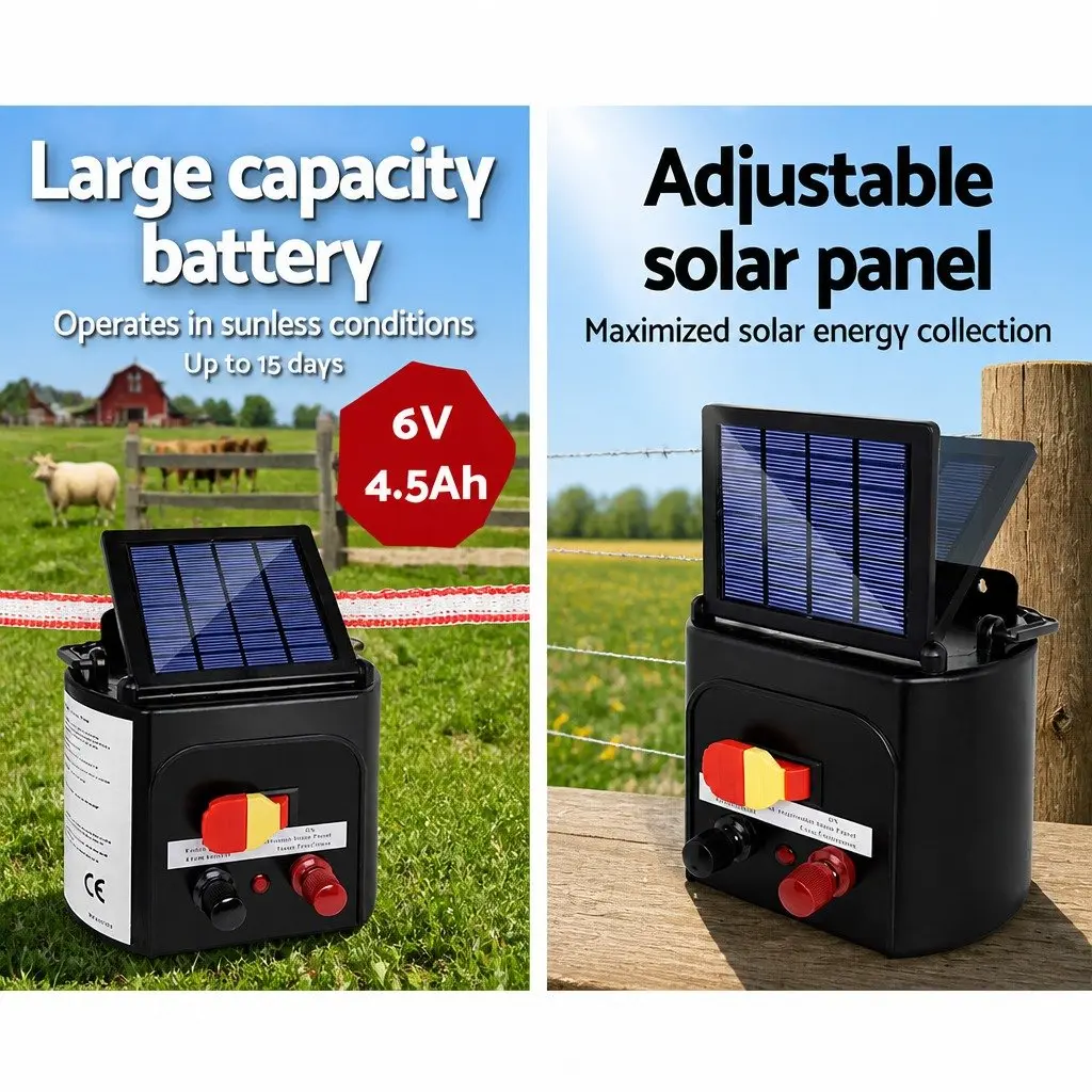 Solar Electric Fence Energiser 3KM Waterproof Polytape Compact Lightweight Monocrystalline Silicon for Livestock Animal Control