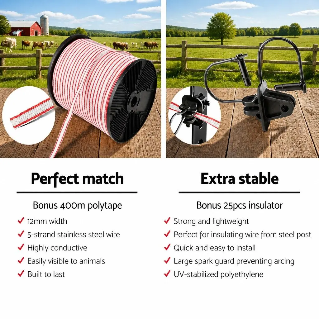 Solar Electric Fence Energiser 3KM Waterproof Polytape Compact Lightweight Monocrystalline Silicon for Livestock Animal Control