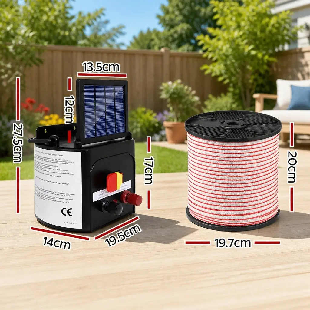 Solar Electric Fence Energiser 5KM Monocrystalline Silicon Waterproof Black Polytape 400m Red and White