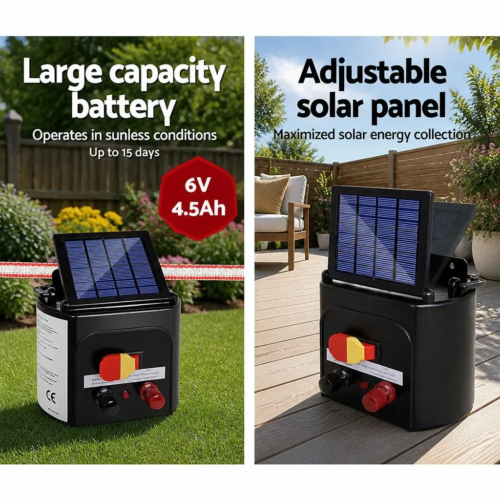 Solar Electric Fence Energiser 5KM Monocrystalline Silicon Waterproof Black Polytape 400m Red and White