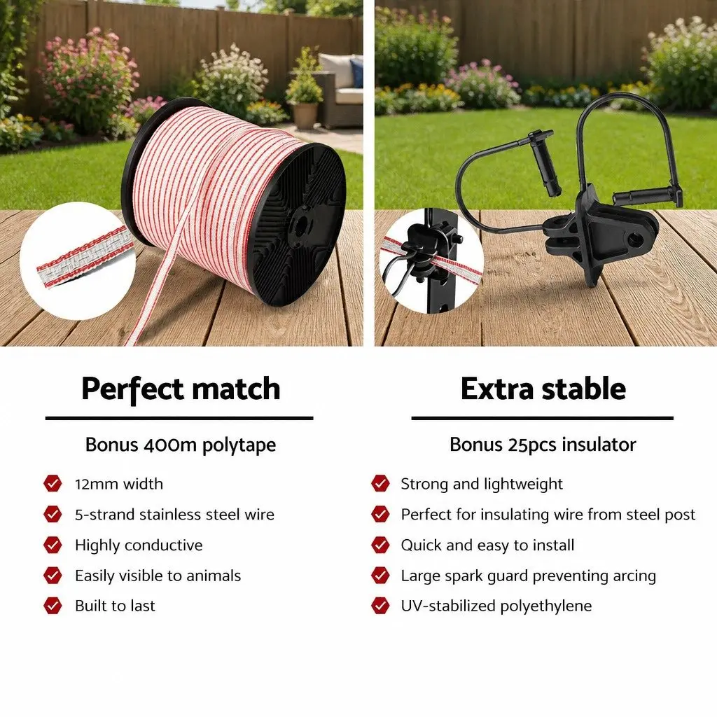 Solar Electric Fence Energiser 5KM Monocrystalline Silicon Waterproof Black Polytape 400m Red and White