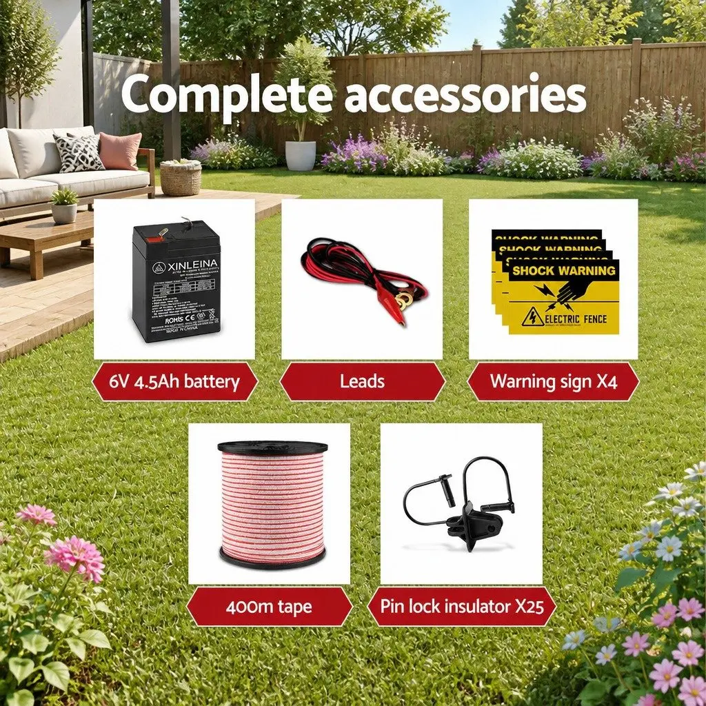 Solar Electric Fence Energiser 5KM Monocrystalline Silicon Waterproof Black Polytape 400m Red and White
