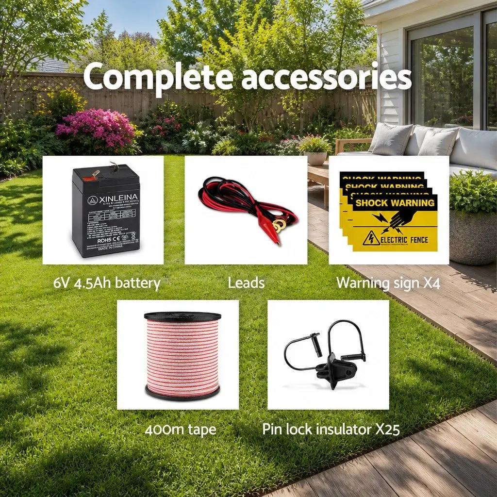 Solar Electric Fence Energiser 5KM Monocrystalline Silicon Waterproof Black Polytape 400m Red and White