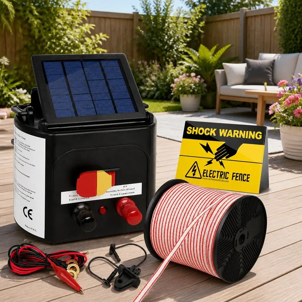 Solar Electric Fence Energiser 5KM Monocrystalline Silicon Waterproof Black Polytape 400m Red and White