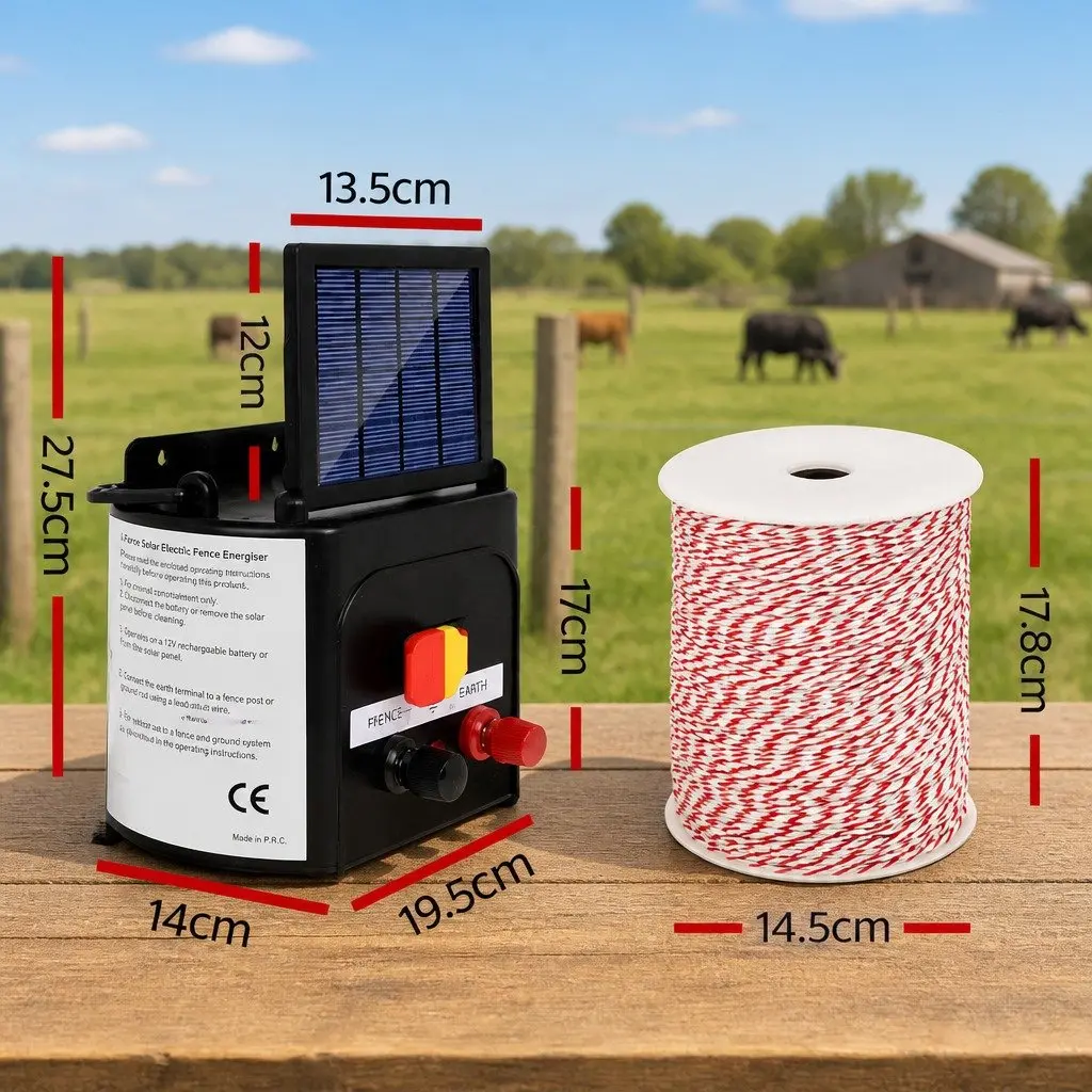 Solar Electric Fence Energiser Monocrystalline Silicon 3km Black Fencing Kit with 500m Polywire