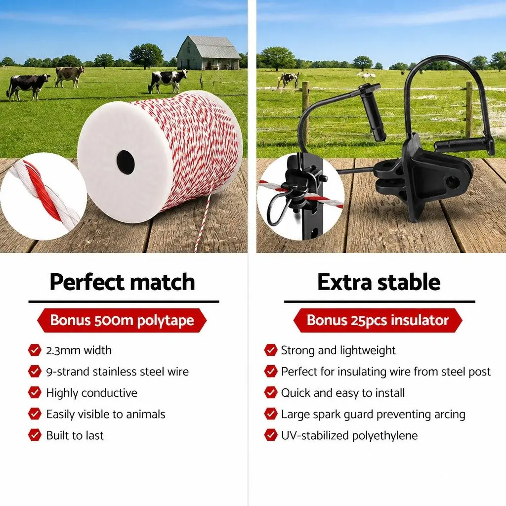 Solar Electric Fence Energiser Monocrystalline Silicon 3km Black Fencing Kit with 500m Polywire