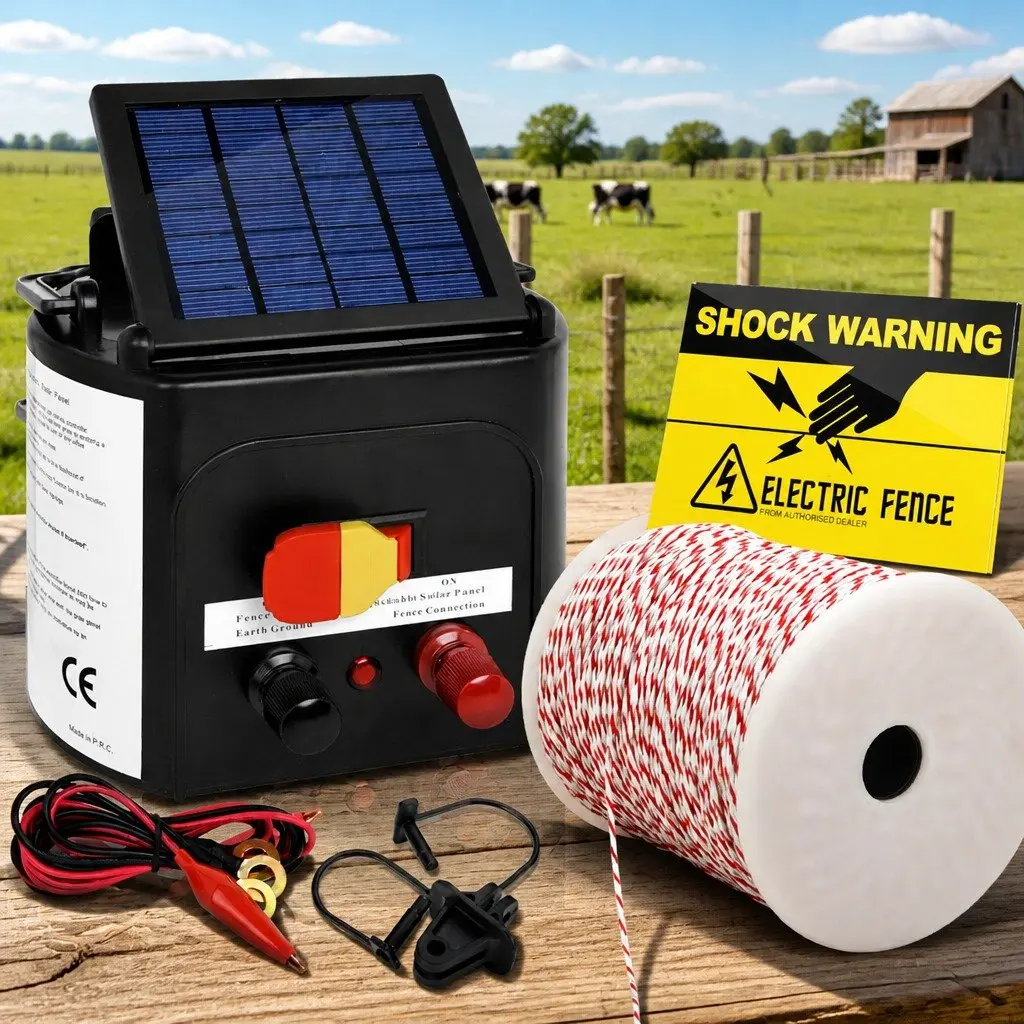 Solar Electric Fence Energiser Monocrystalline Silicon 3km Black Fencing Kit with 500m Polywire