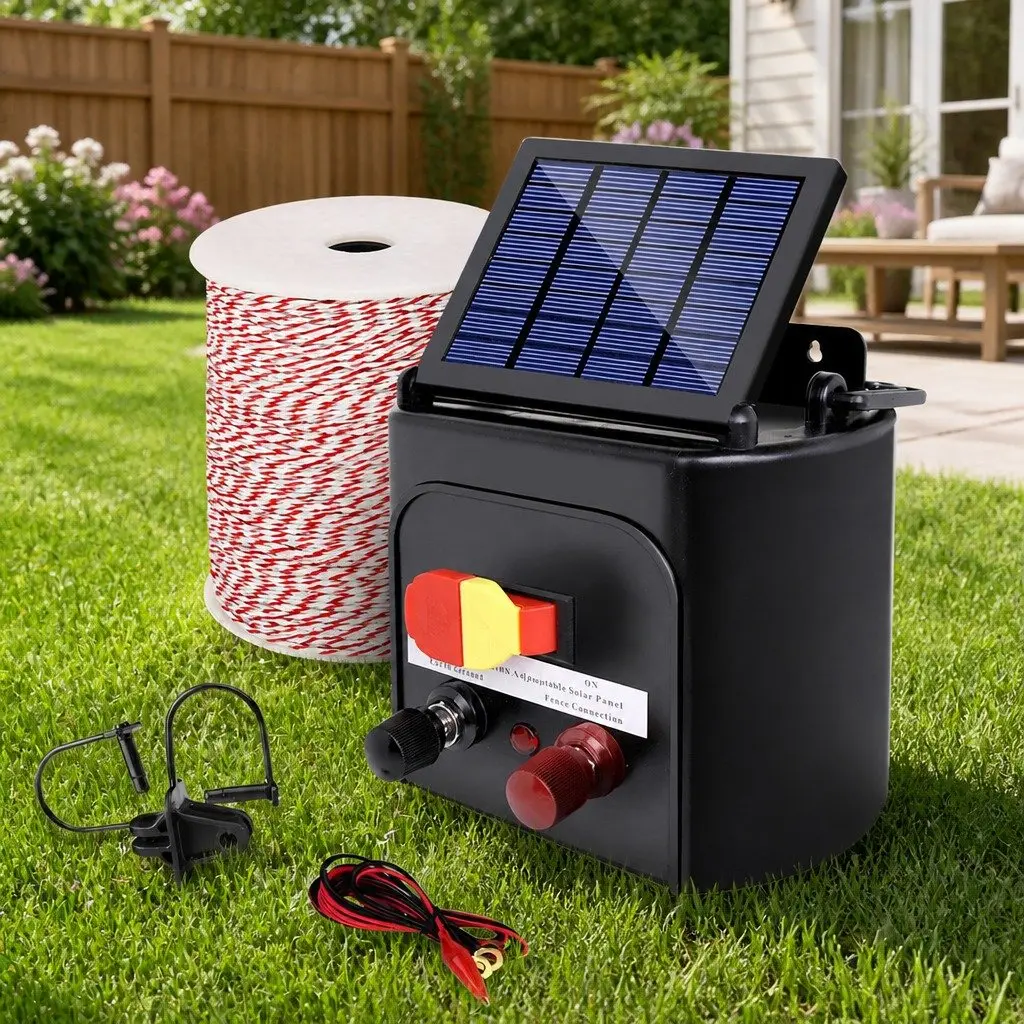 Solar Electric Fence Energiser 5km Poly Wire Insulators Black 500m Red and White