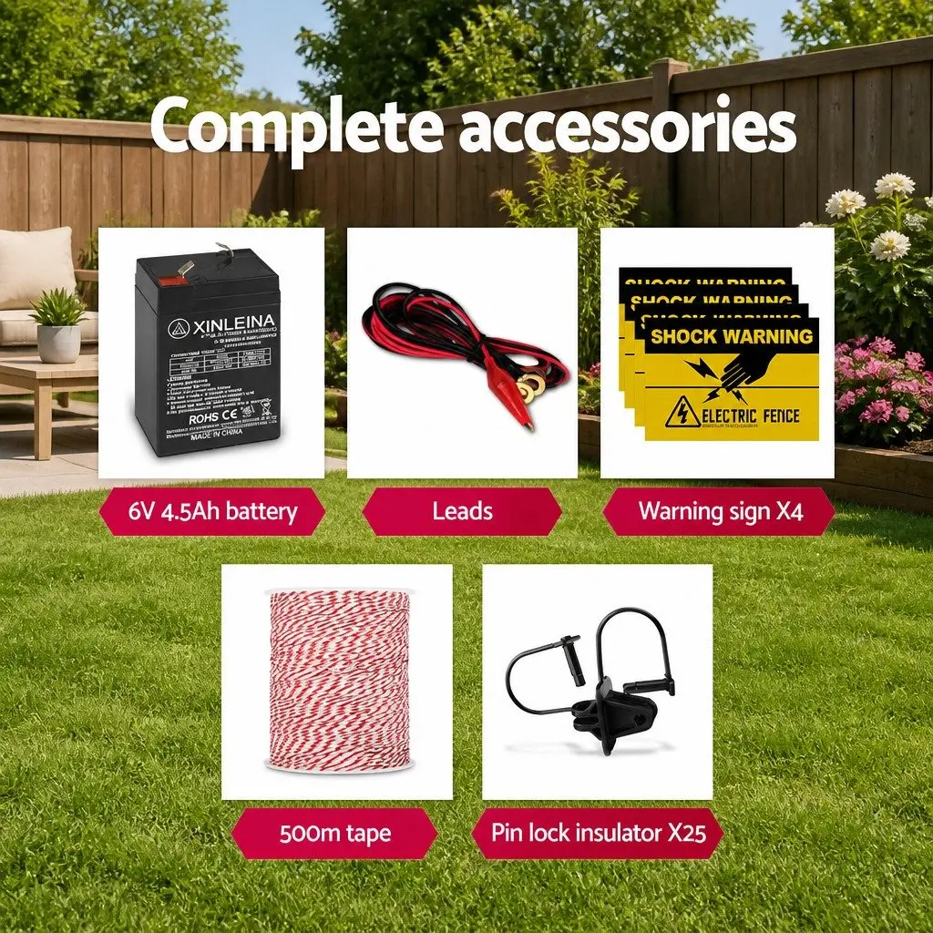 Solar Electric Fence Energiser 5km Poly Wire Insulators Black 500m Red and White