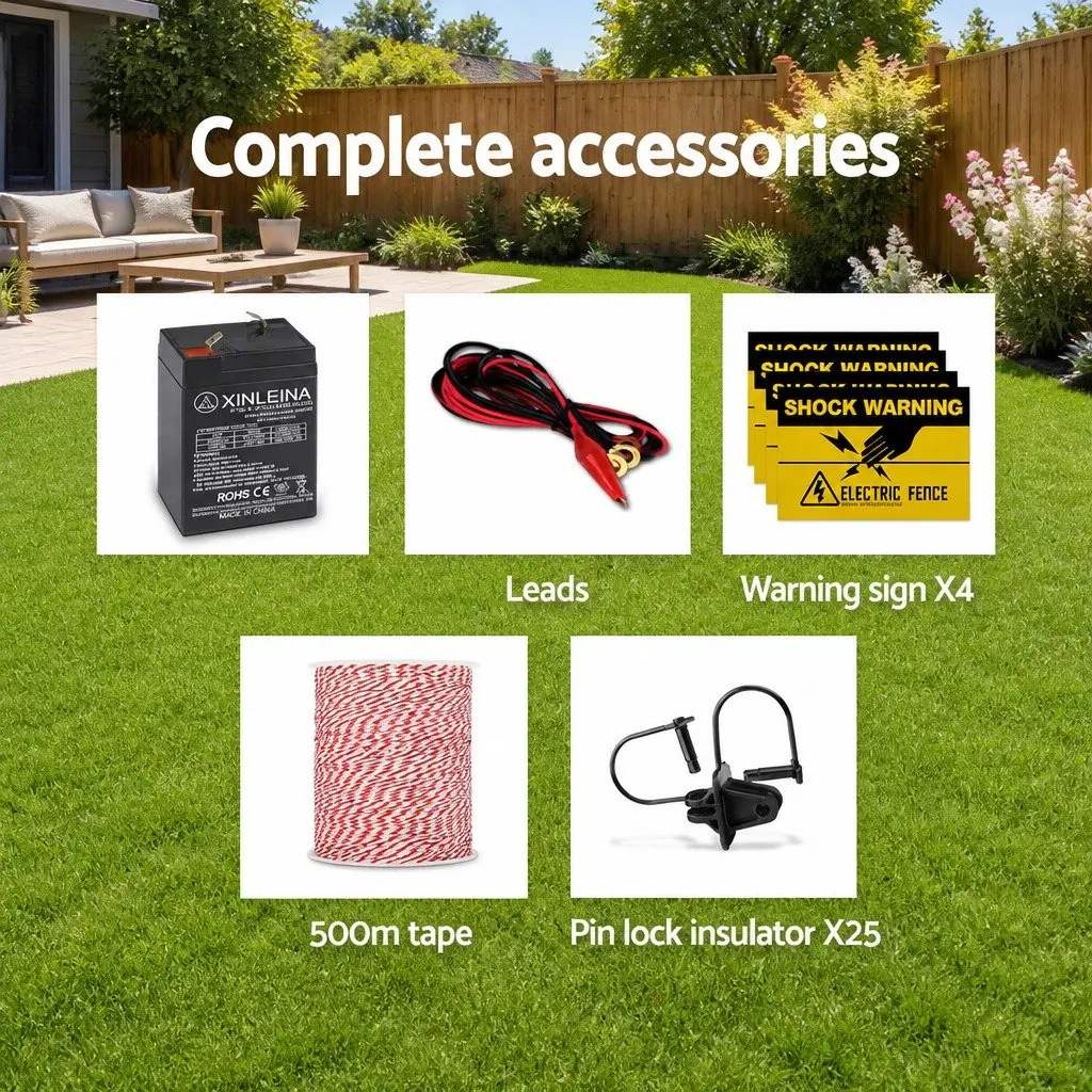 Solar Electric Fence Energiser 5km Poly Wire Insulators Black 500m Red and White