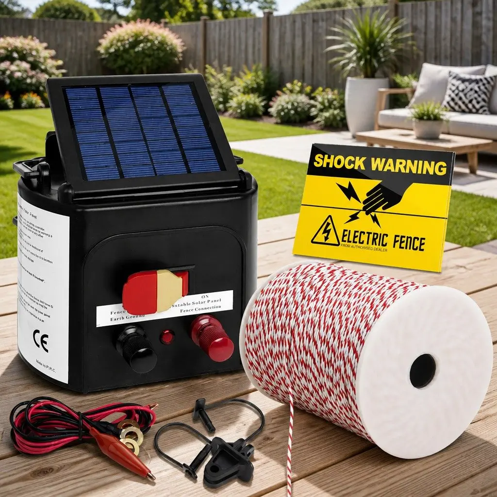 Solar Electric Fence Energiser 5km Poly Wire Insulators Black 500m Red and White