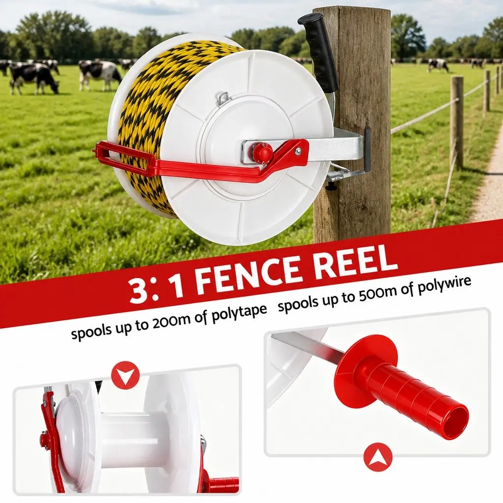 Electric Fence Reel Geared Portable Polywire Fencing Tool White