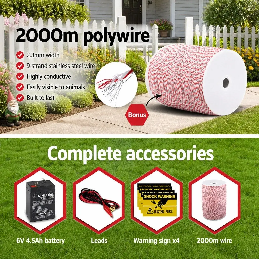 Solar Electric Fence Energiser 3KM Monocrystalline Silicon Black Poly Wire Farm Fencing Kit