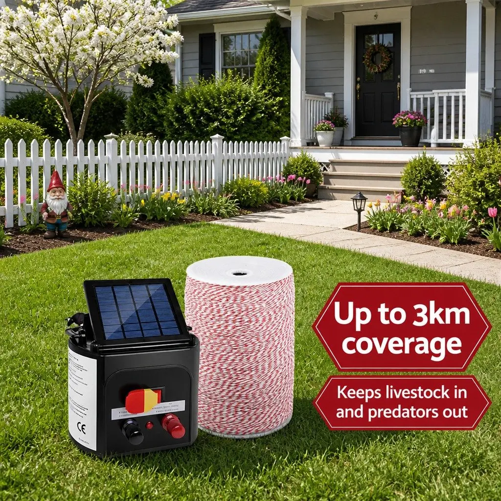 Solar Electric Fence Energiser 3KM Monocrystalline Silicon Black Poly Wire Farm Fencing Kit