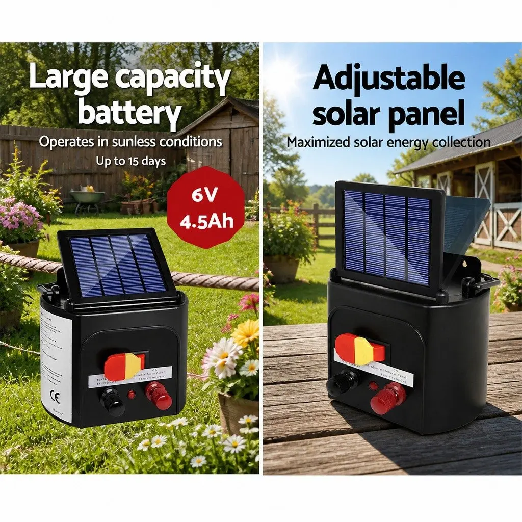 Solar Electric Fence Energiser 3km Range 0.1J Livestock Animal Control Charger