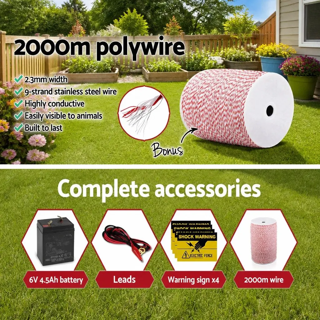 Solar Electric Fence Energiser Poly Wire 2000m 5KM Black Red and White