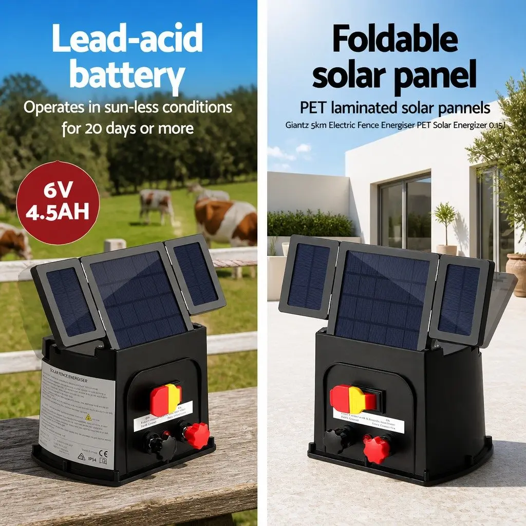 Solar Electric Fence Energiser 5km 0.15J PET Panel Black