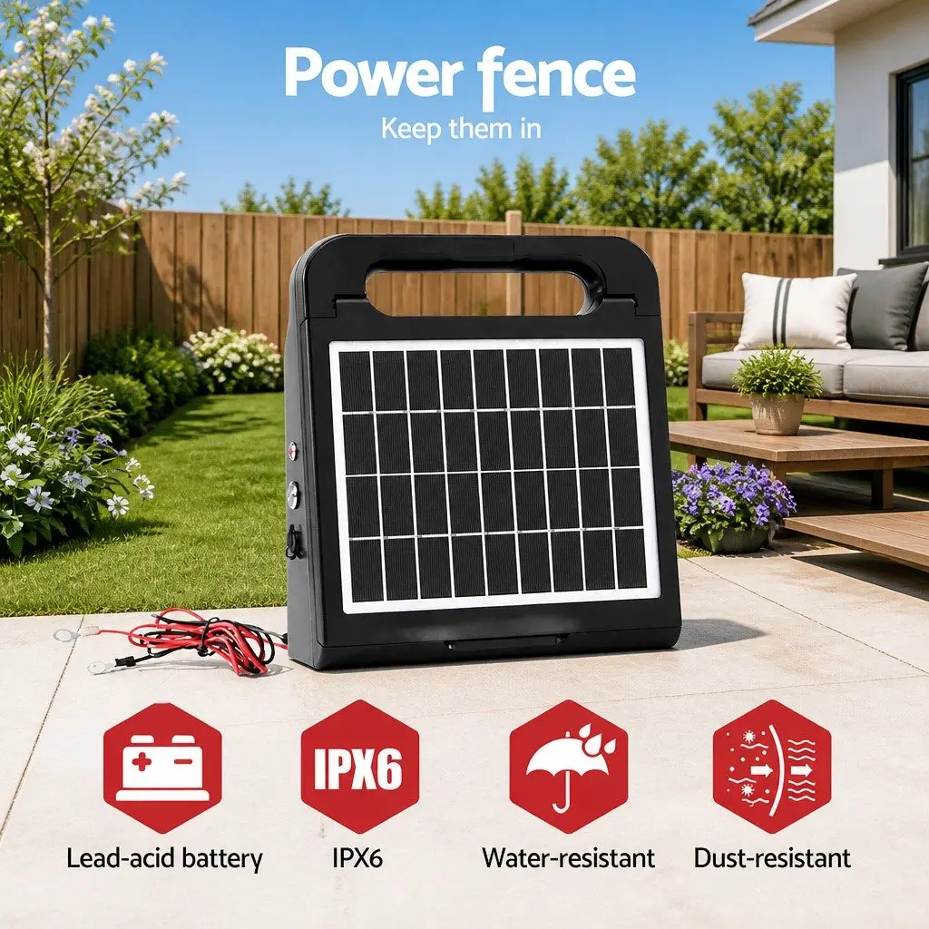 Solar Electric Fence Energiser Water-Resistant 5km Black