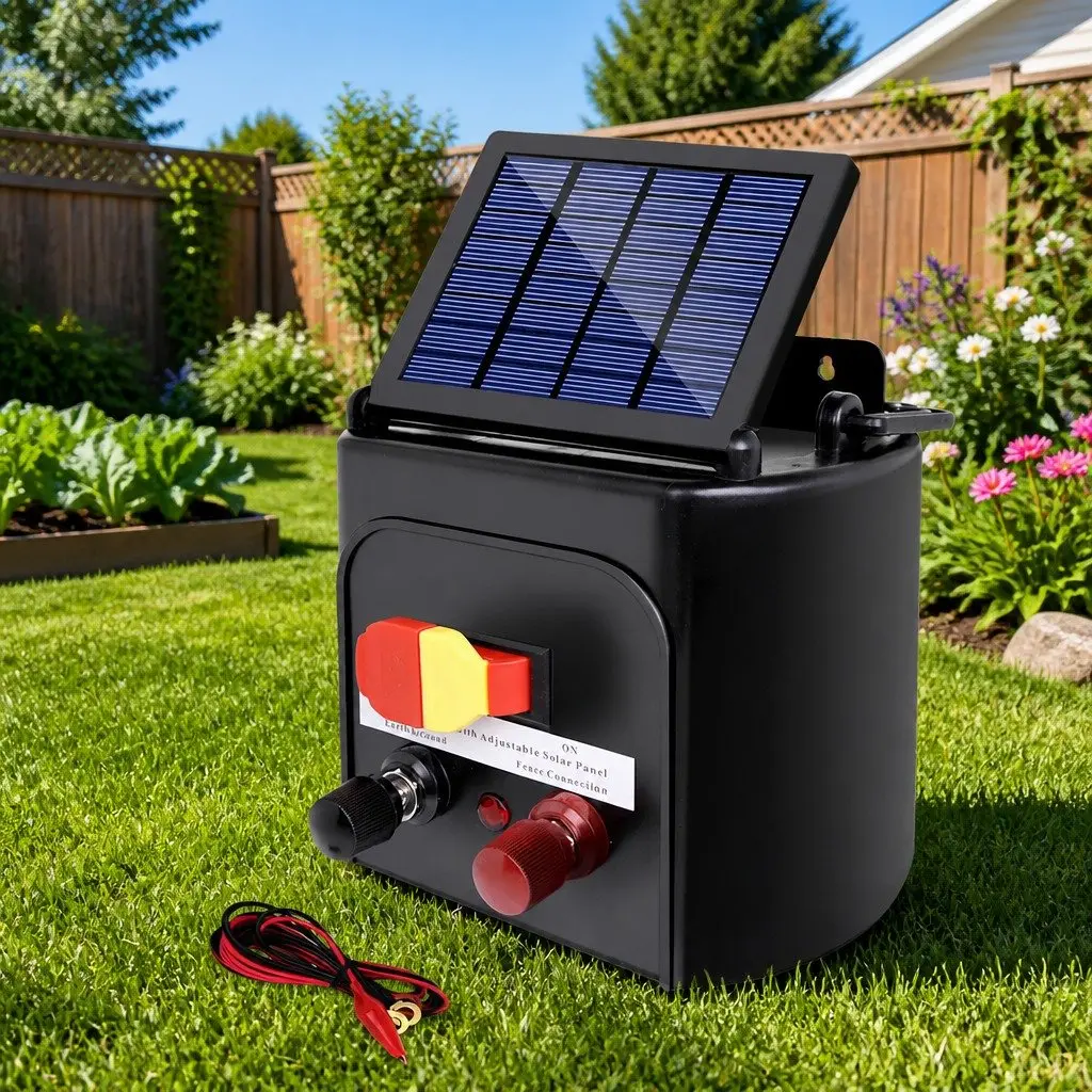 Solar Electric Fence Energiser 5km Solar Powered Waterproof Black