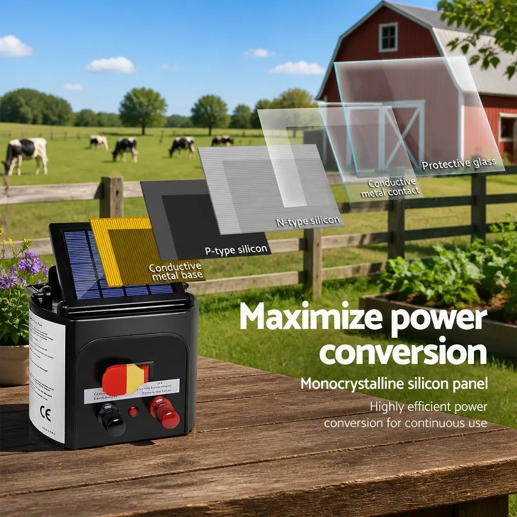 Solar Electric Fence Energiser 5km Solar Powered Waterproof Black