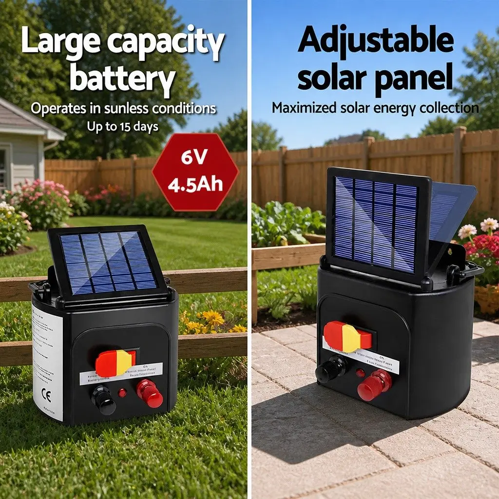 Solar Electric Fence Energiser 5km Solar Powered Waterproof Black