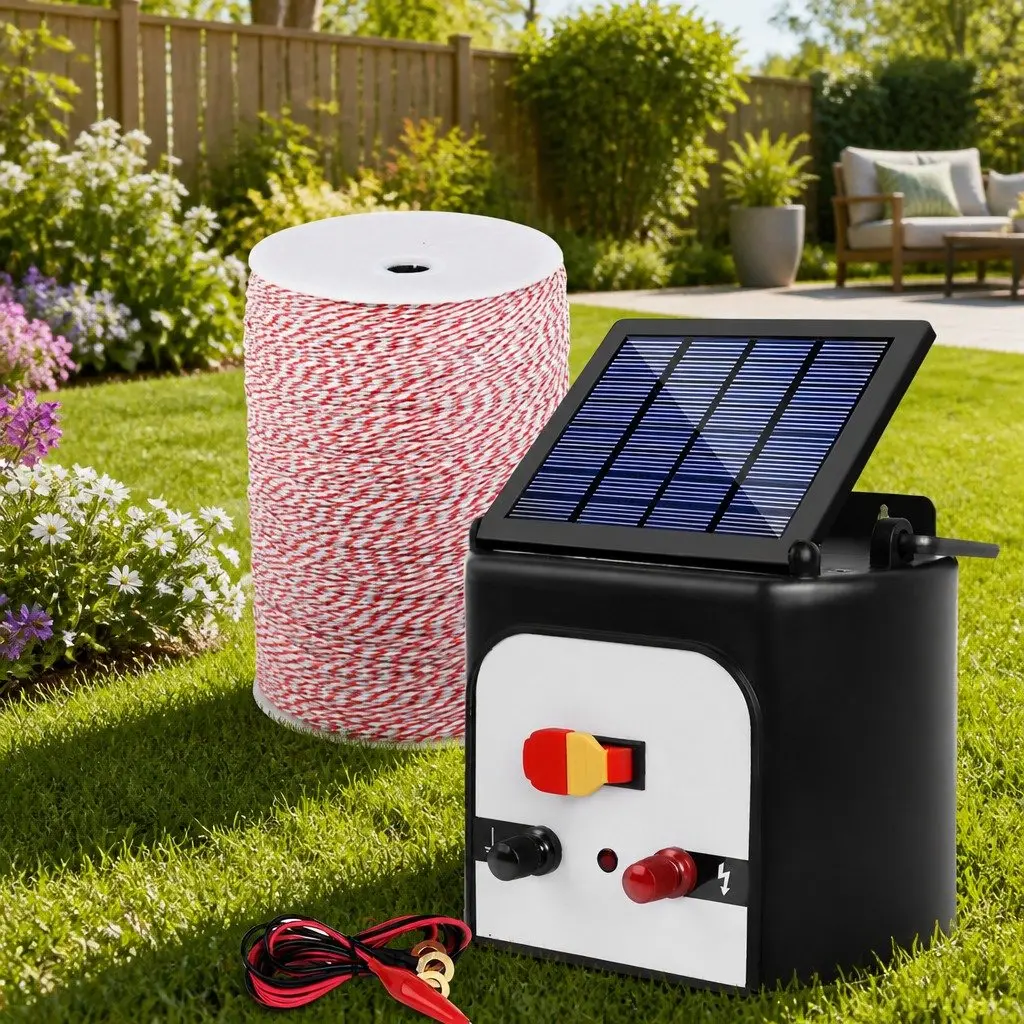 Solar Electric Fence Energiser Poly Wire Kit 8KM Waterproof Compact Red White