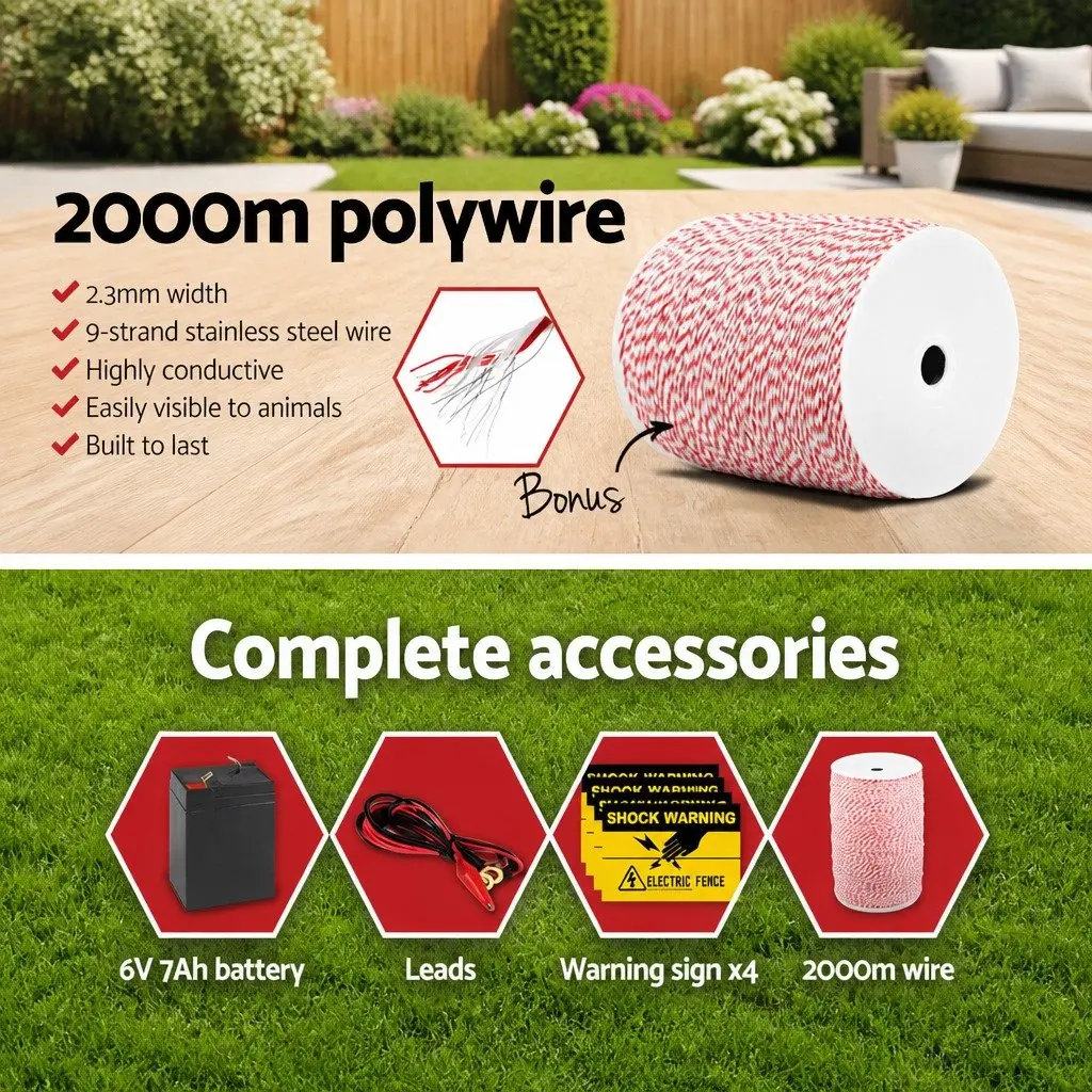 Solar Electric Fence Energiser Poly Wire Kit 8KM Waterproof Compact Red White
