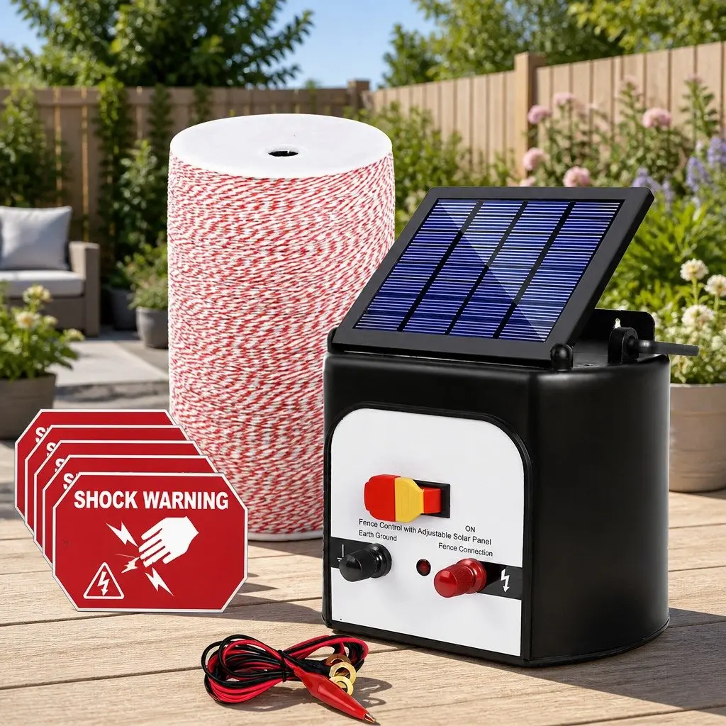 Solar Electric Fence Energiser Poly Wire Kit 8KM Waterproof Compact Red White