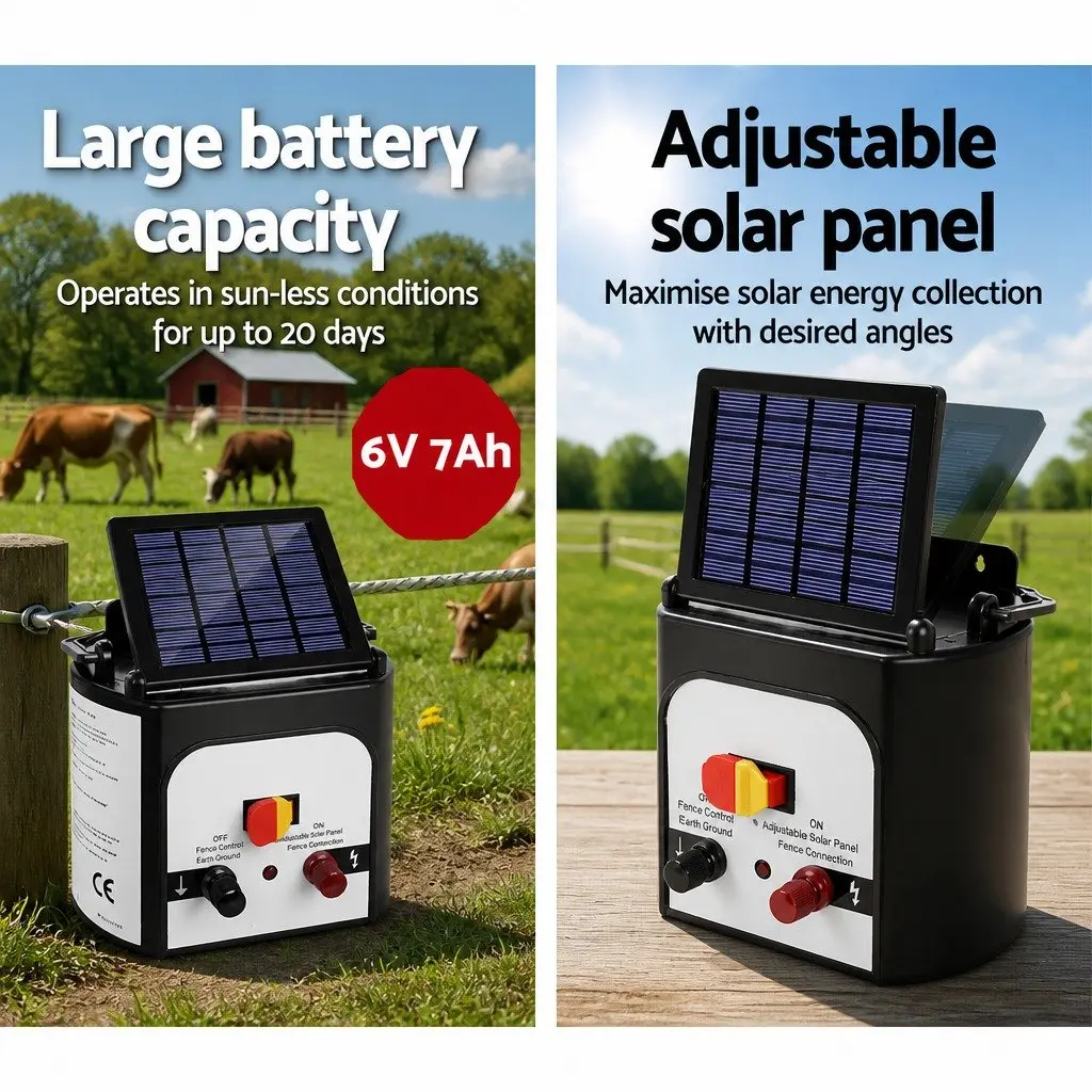 Solar Electric Fence Energiser 8km 0.3J Lightweight Unit Black and White