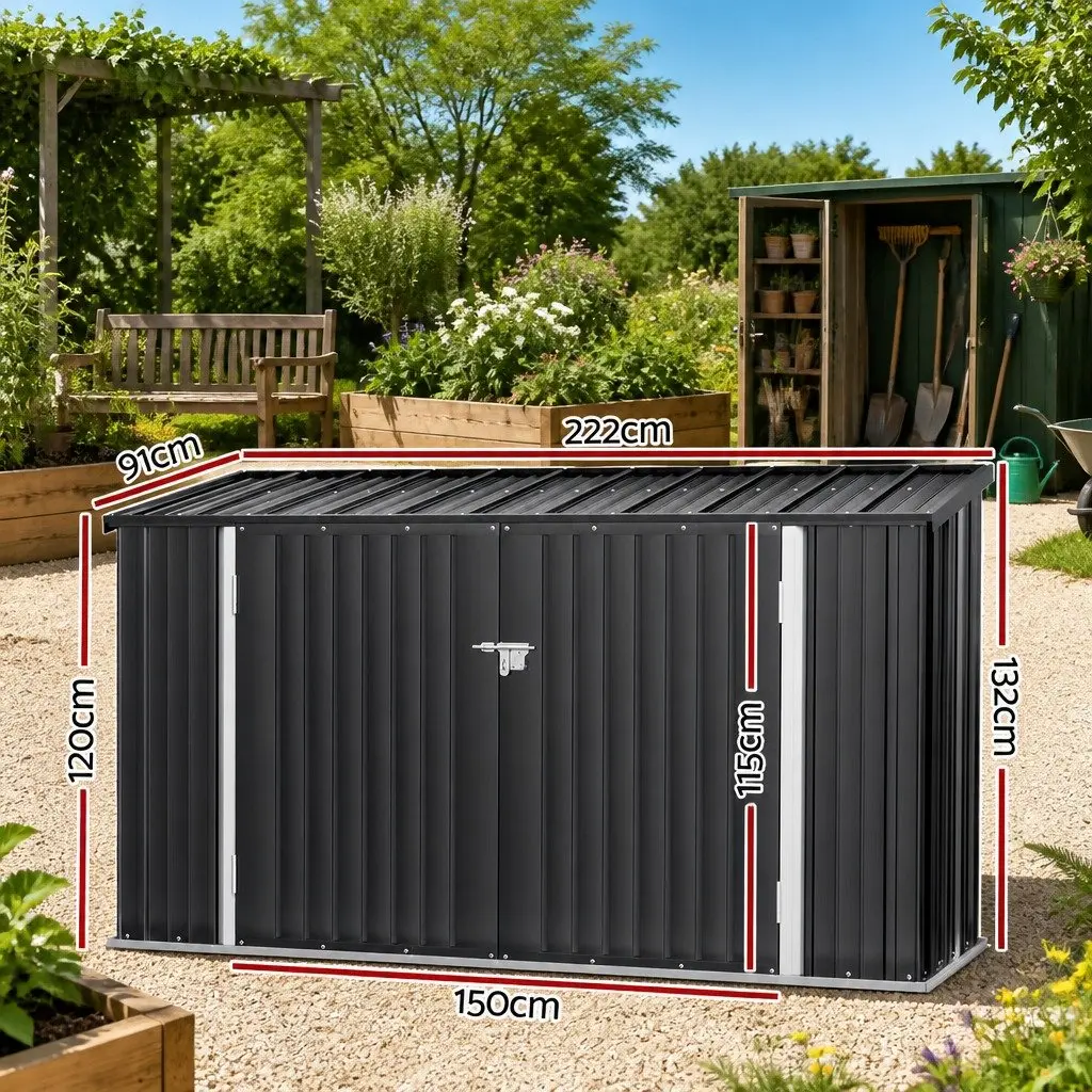 Outdoor Storage Shed Galvanised Steel 2.22x0.91M Grey Double Door Bike Workshop Tool House