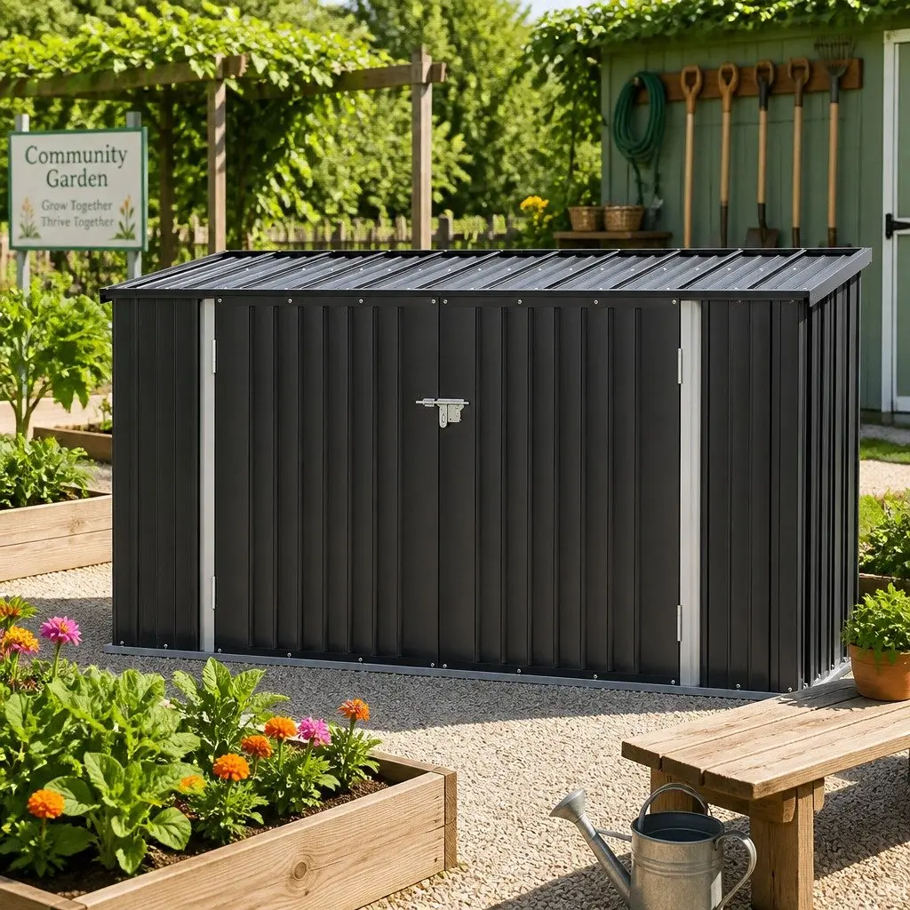 Outdoor Storage Shed Galvanised Steel 2.22x0.91M Grey Double Door Bike Workshop Tool House