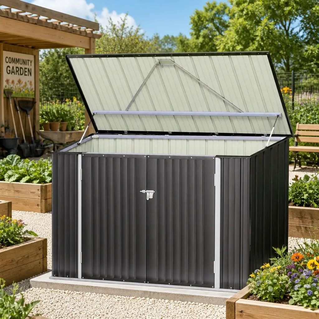 Outdoor Storage Shed Galvanised Steel 2.22x0.91M Grey Double Door Bike Workshop Tool House
