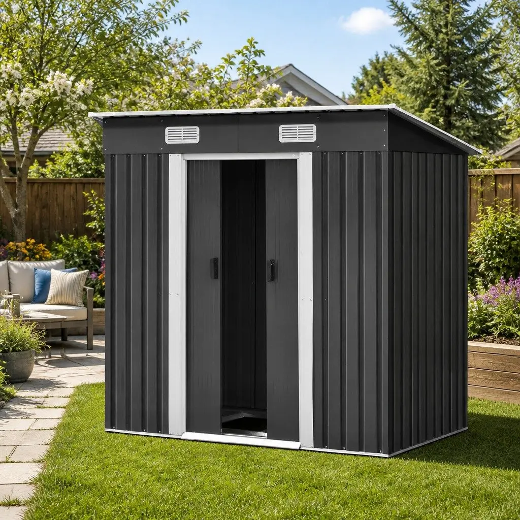 Metal Garden Shed 1.94x1.21M Black Steel Outdoor Storage Tool House with Sliding Door