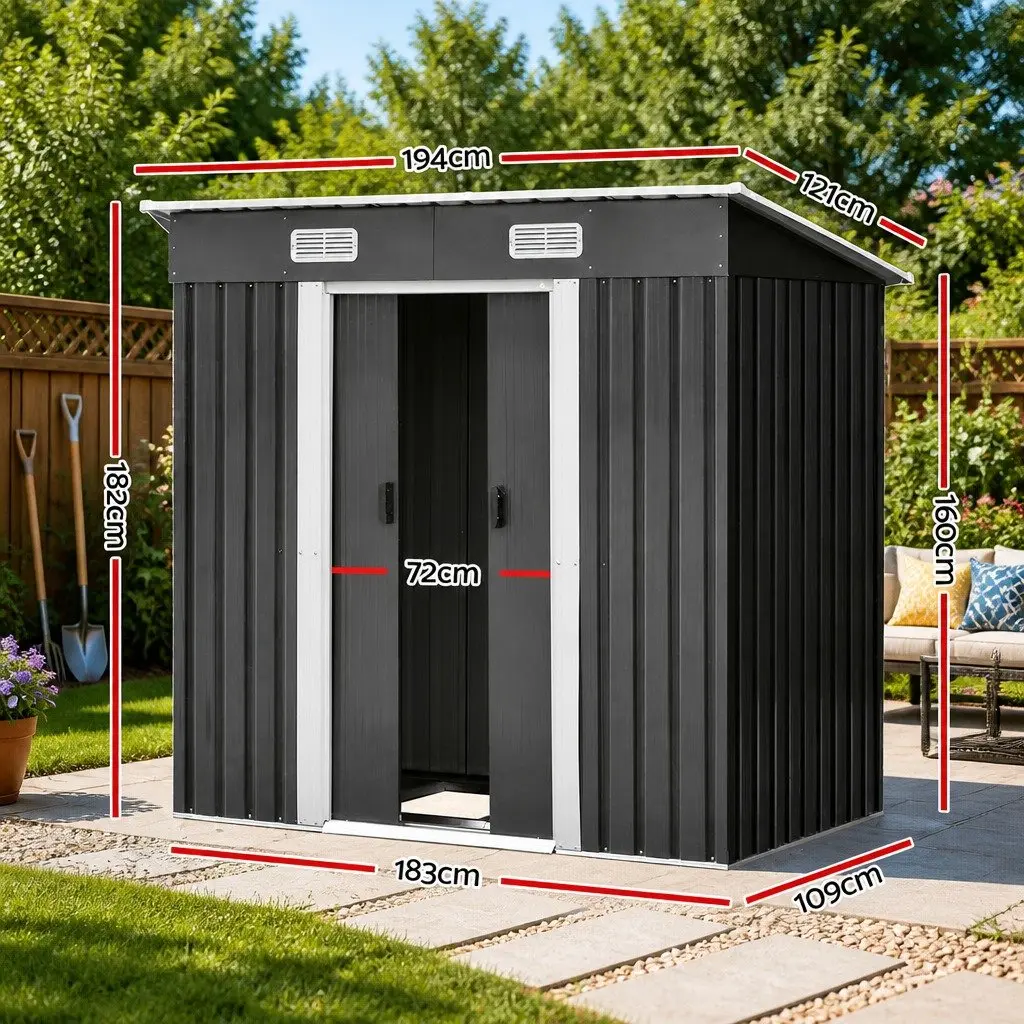 Metal Garden Shed 1.94x1.21M Black Steel Outdoor Storage Tool House with Sliding Door