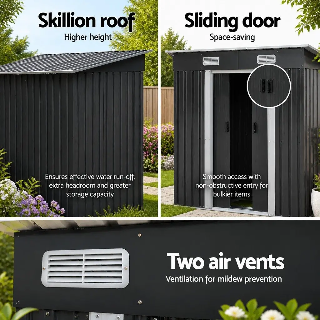 Metal Garden Shed 1.94x1.21M Black Steel Outdoor Storage Tool House with Sliding Door