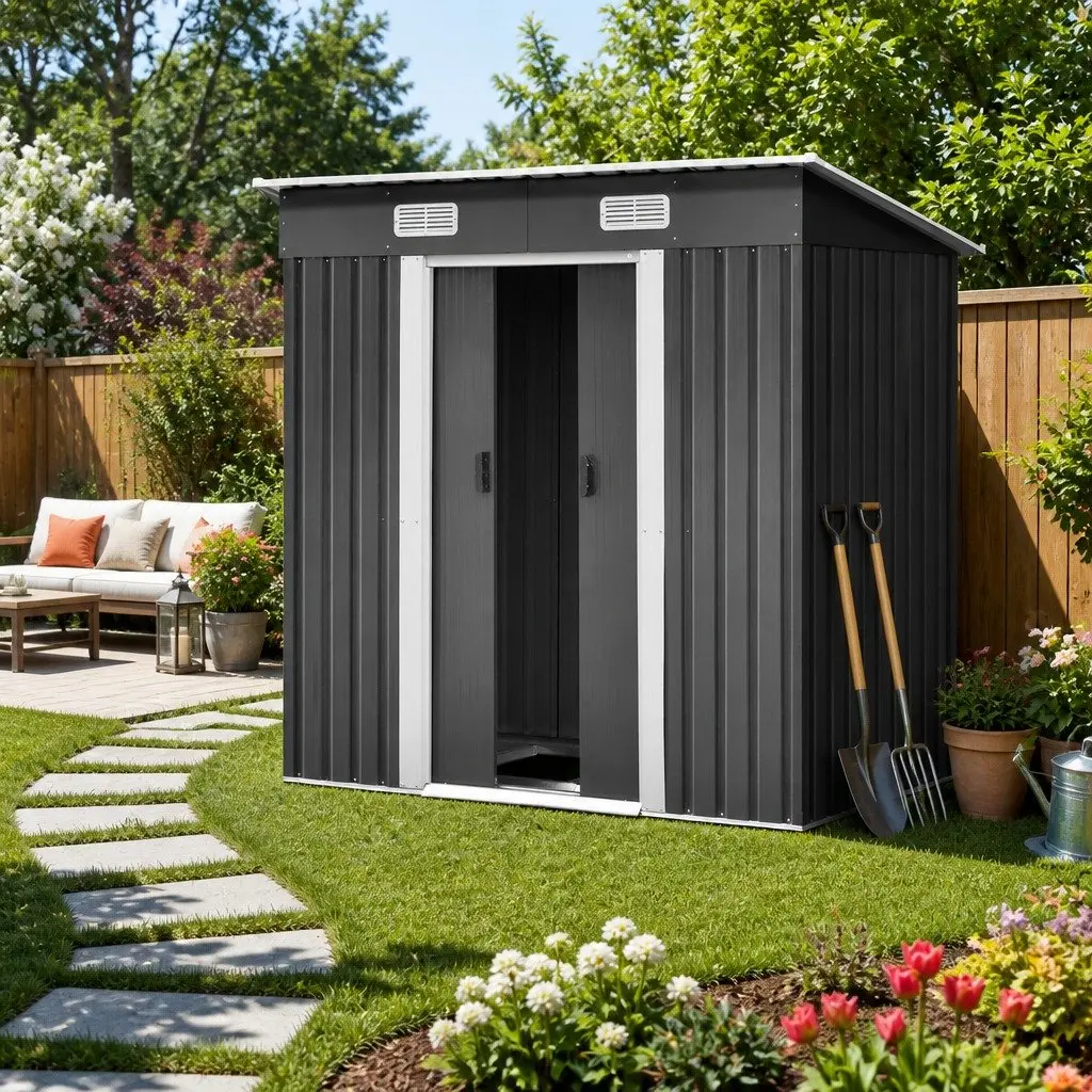 Metal Garden Shed 1.94x1.21M Black Steel Outdoor Storage Tool House with Sliding Door