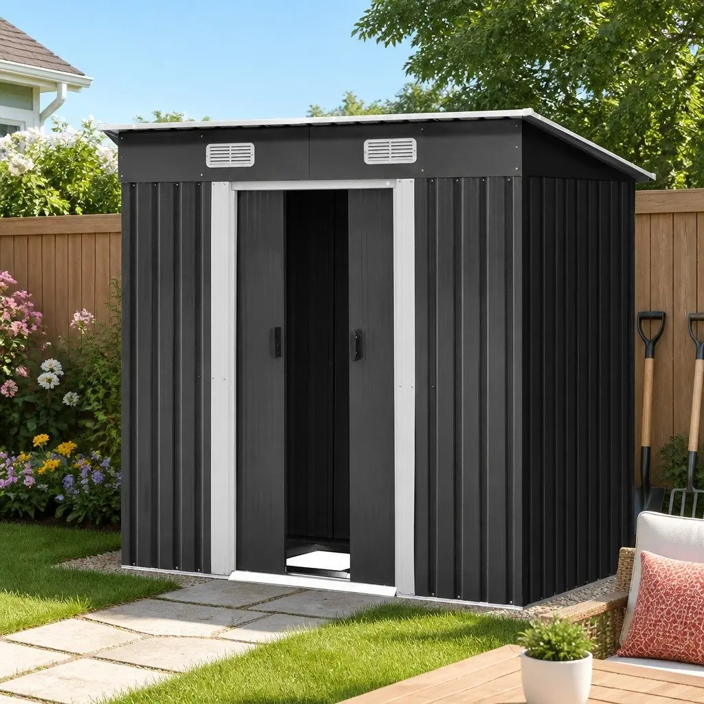Metal Garden Shed 1.94x1.21M Black Steel Outdoor Storage Tool House with Sliding Door