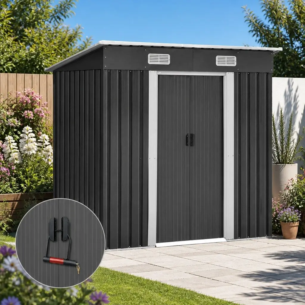 Outdoor Storage Shed Galvanized Steel 1.94x1.21M Grey Tool Shelter with Sloped Roof and Double Sliding Doors