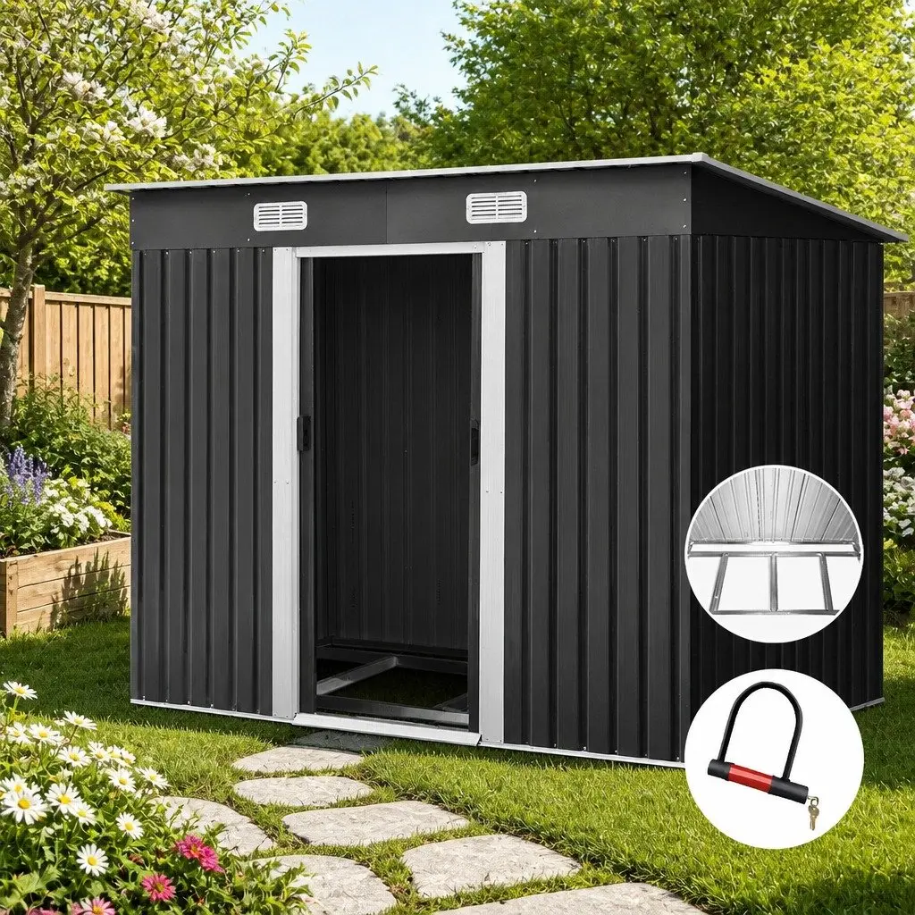 Garden Shed Outdoor Storage Grey Galvanized Steel 238x131x182cm with Sliding Doors and Air Vents