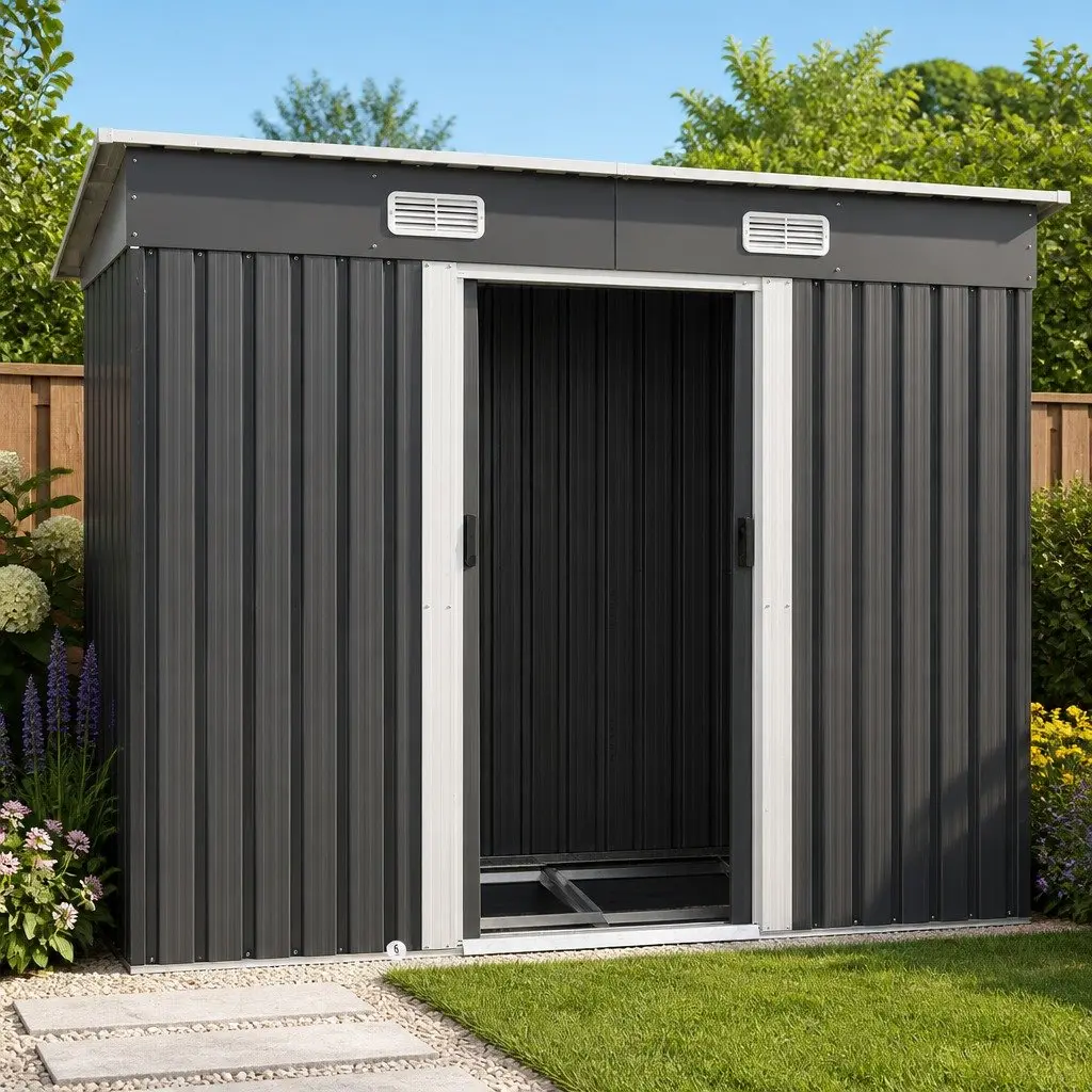 Garden Shed Outdoor Storage Grey Galvanized Steel 238x131x182cm with Sliding Doors and Air Vents