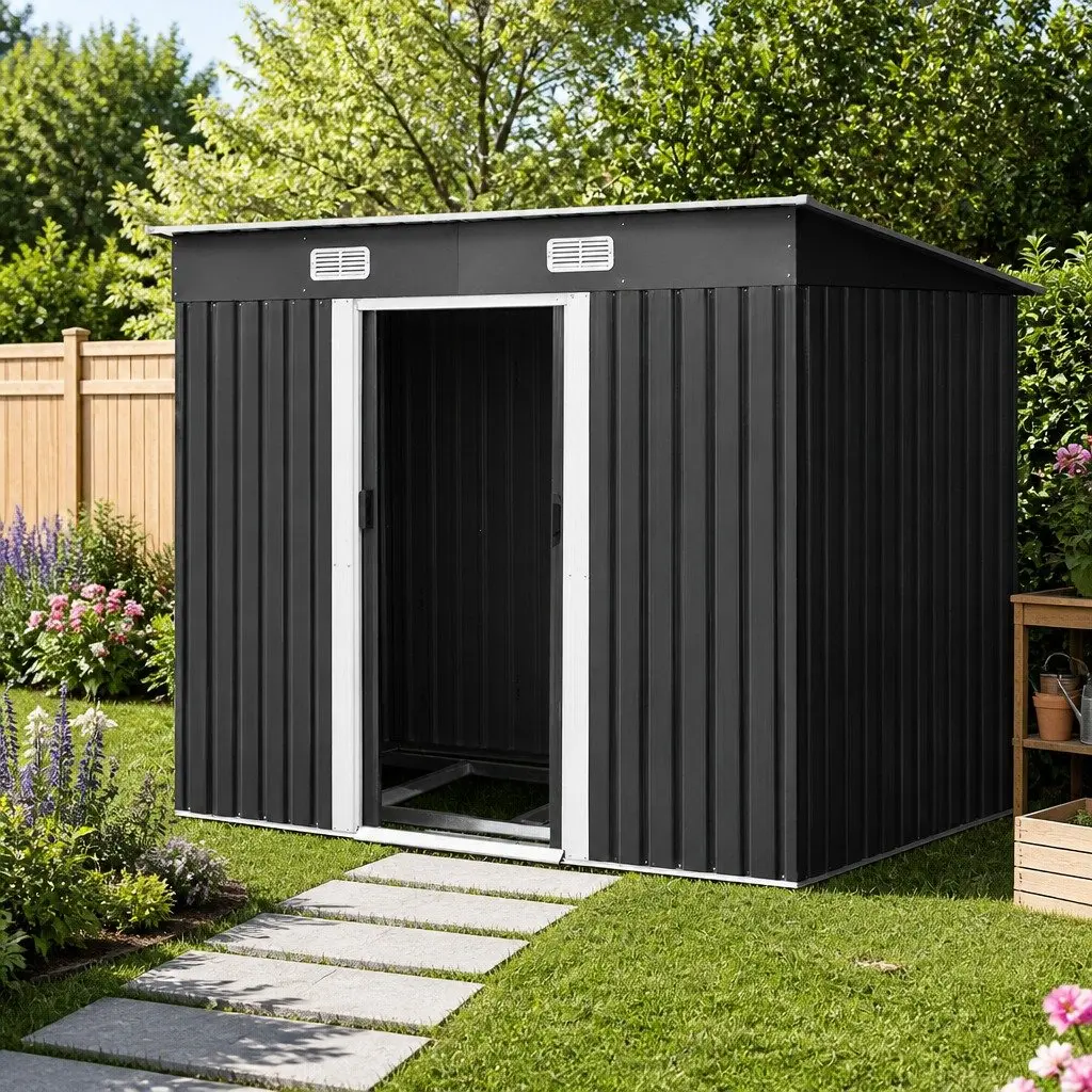 Garden Shed Outdoor Storage Grey Galvanized Steel 238x131x182cm with Sliding Doors and Air Vents