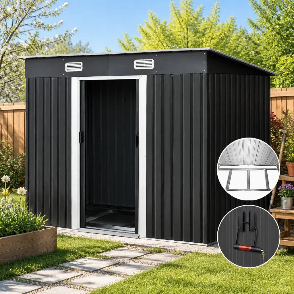 Garden Shed Outdoor Storage Grey Galvanized Steel 238x131x182cm with Sliding Doors and Air Vents