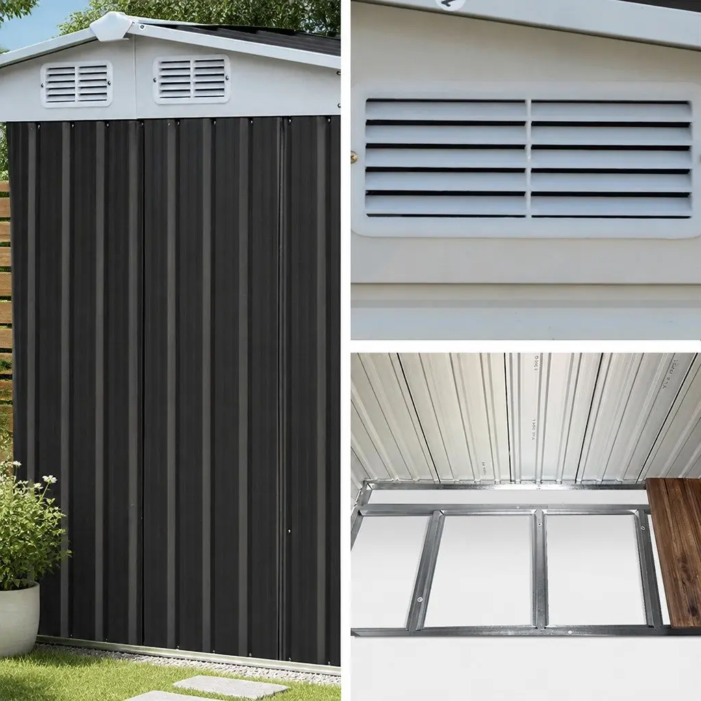 Metal Garden Shed 2.58x2.07M Black Storage Tool Shed with Double Sliding Doors