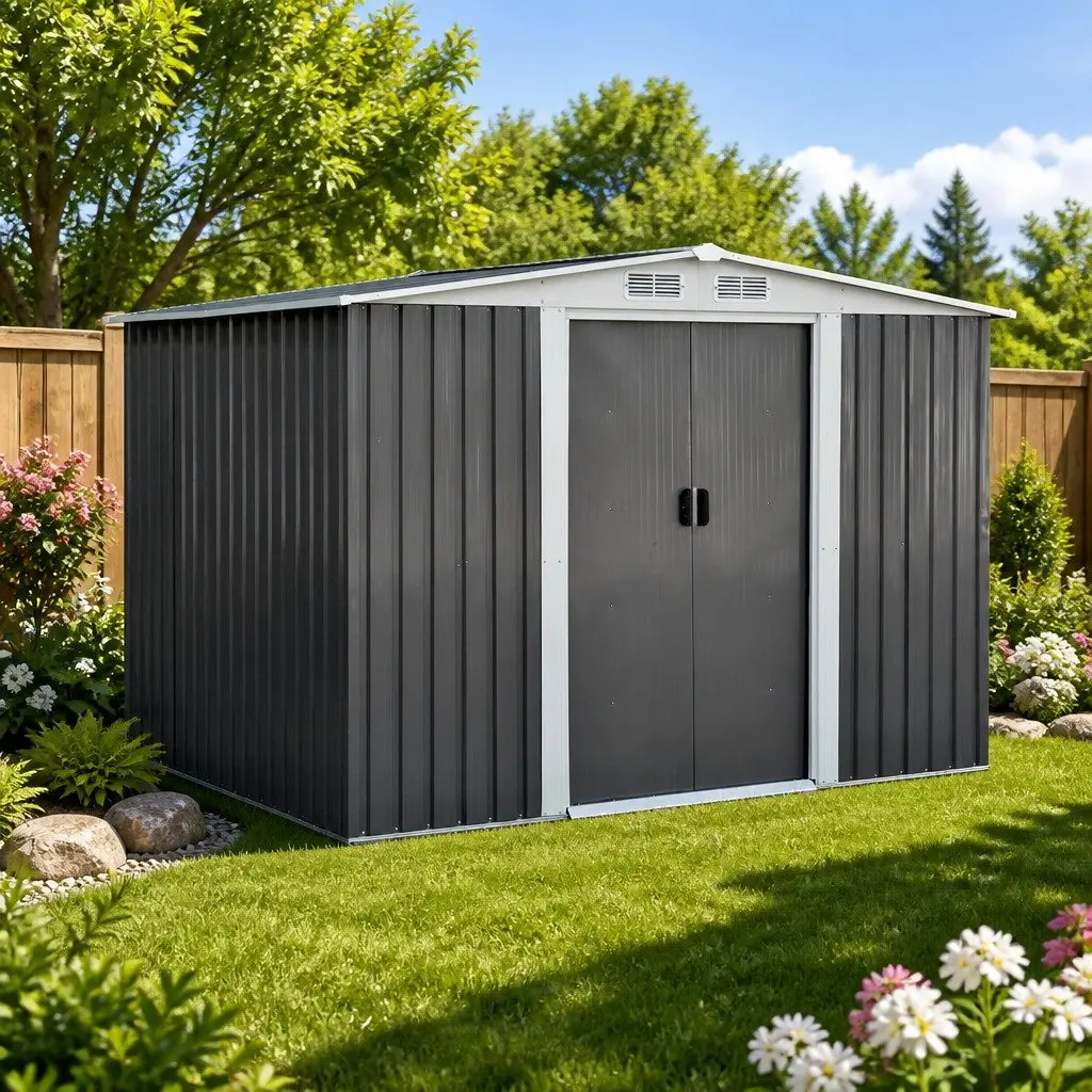 Metal Garden Shed 2.58x2.07M Black Storage Tool Shed with Double Sliding Doors